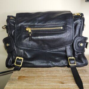 ASH Leather Handbag Multiple Zipper Compartments Gold Hardware Buckle Accents